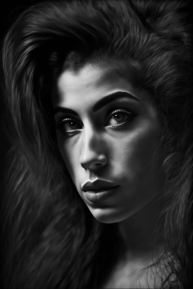 black and white portrait photography, Amy Winehouse, depth of field, f2.8, 50mm lens, exquisite detail, hdr, deep shadows, award-winning photography, high-sharpness